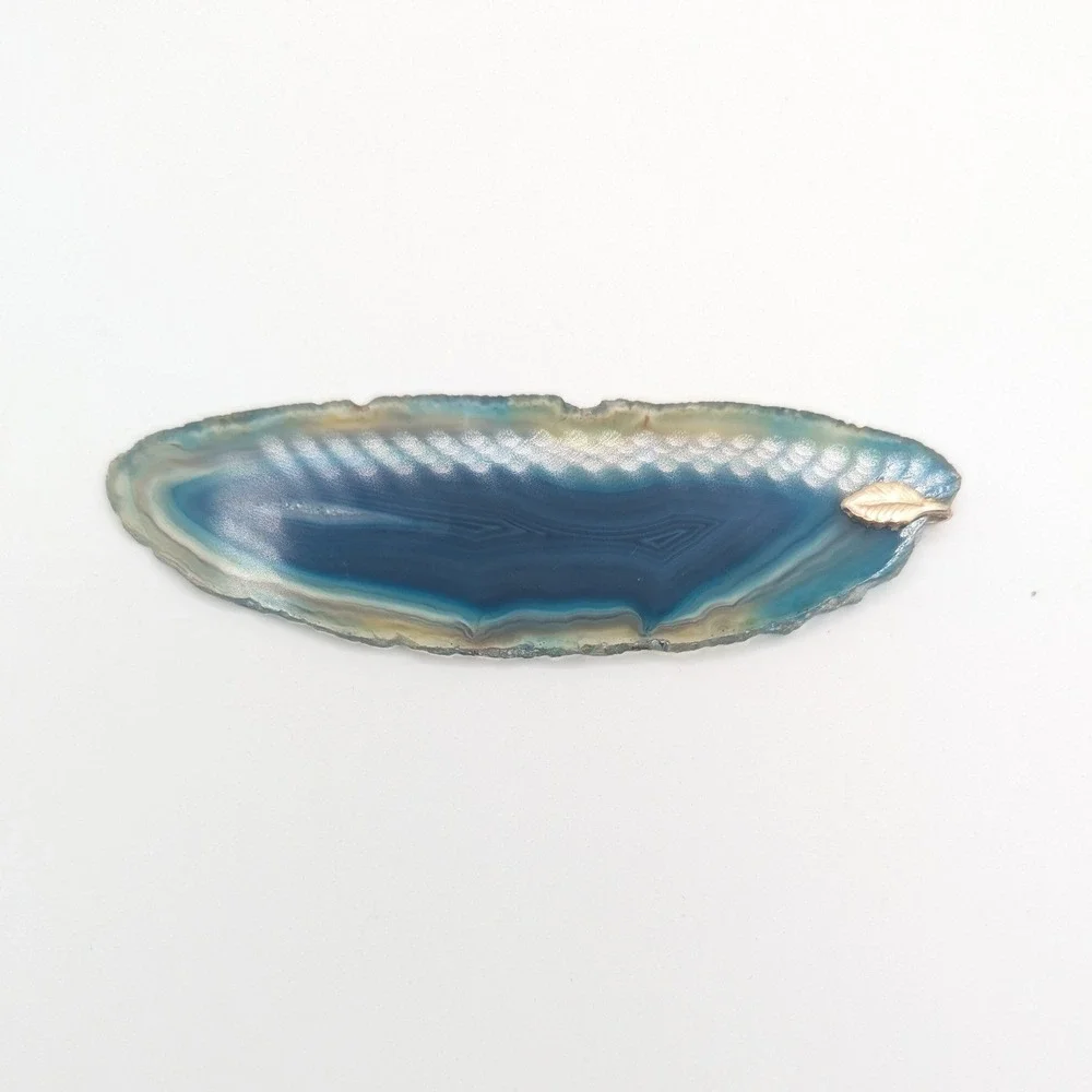 Vintage Blue Agate Slice Hair Clip Barrette Gold Leaf Accent Teal Geode Stone